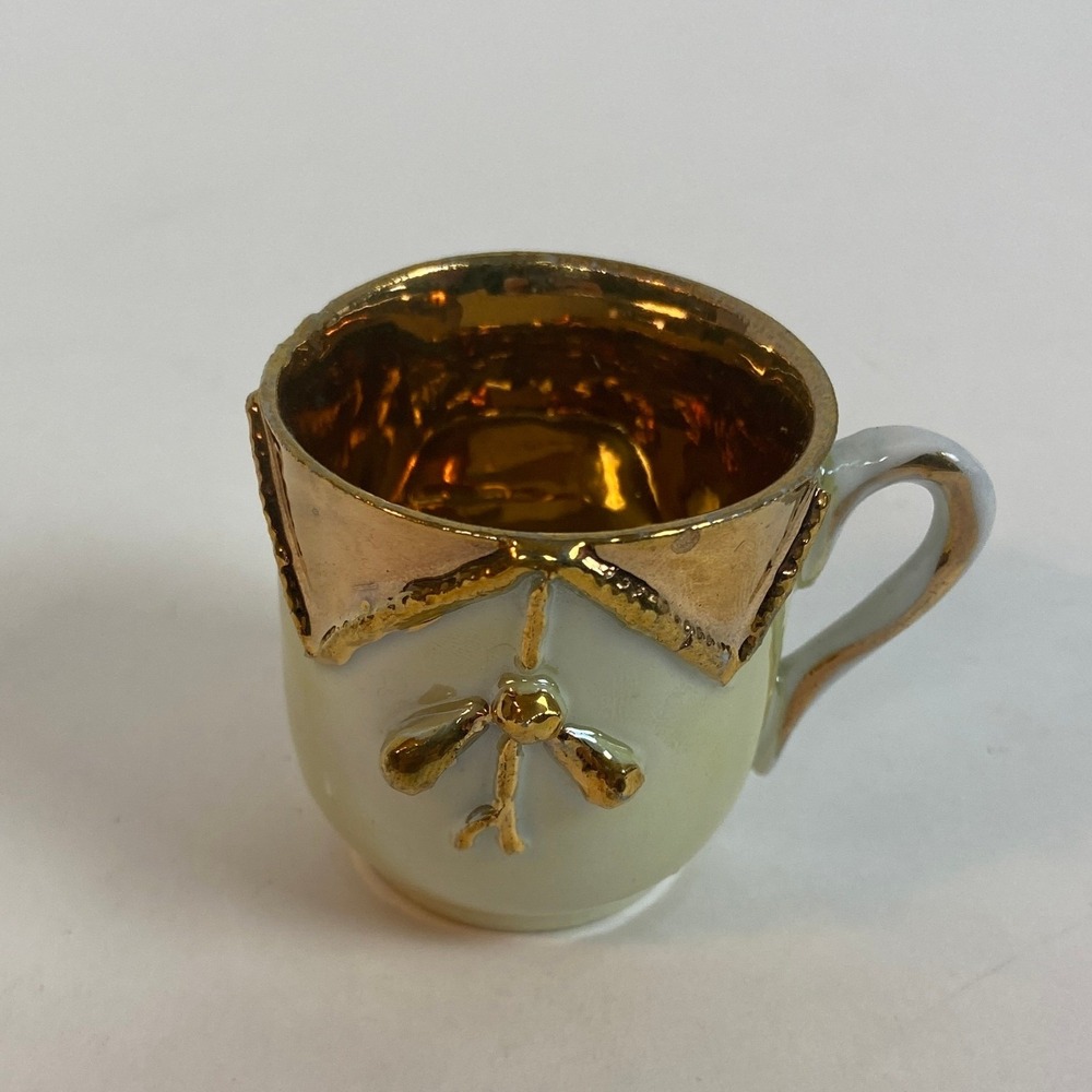 Vintage Miniature Porcelain Lusterware Cup Gold Interior Bow Detail Sage Green